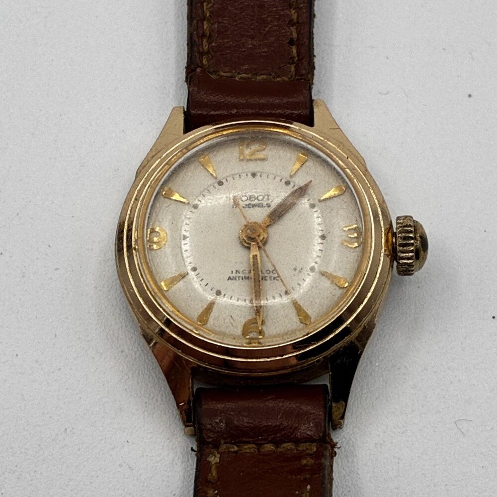 Vintage Robot 17 Jewels Antimagnetic Gold Tone Ladies Watch Leather Band Runs